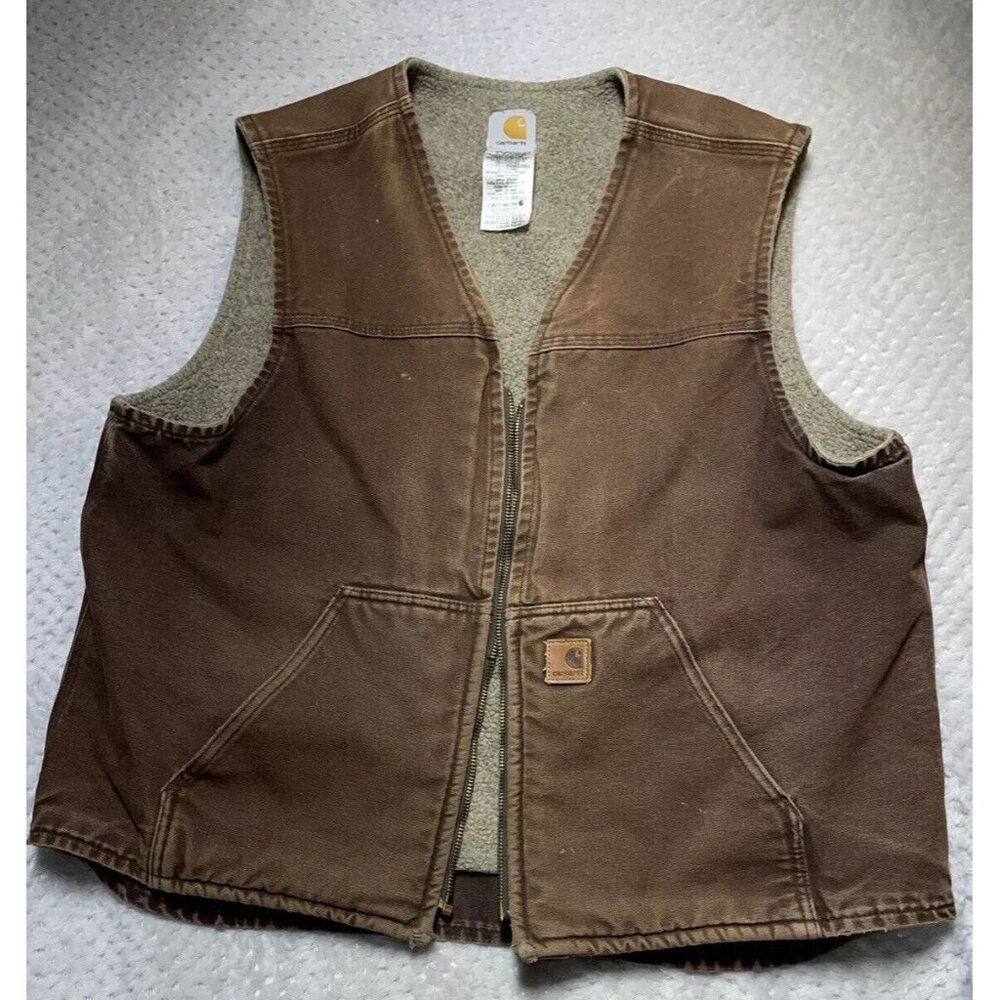 Vtg Carhartt Brown  Sherpa Lined Zipper Vest Men's X Larg 14806 Work Distressed
